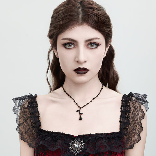 Glamvini - Fashionable Rose Bead Necklace with Dark Crystal Beads and Collarbone Chain for a Sleek Look