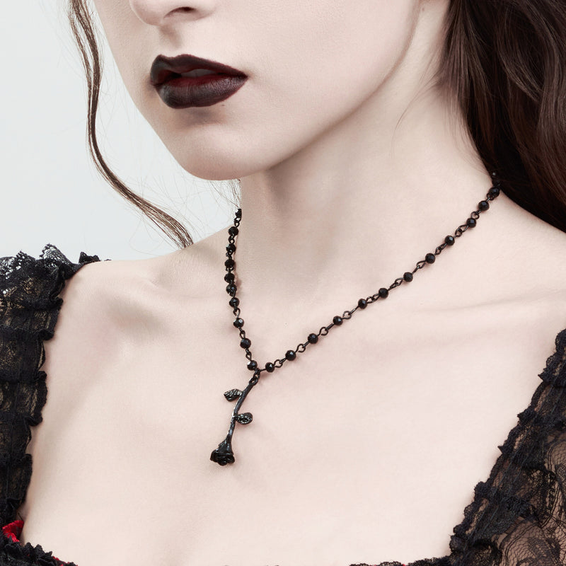 Glamvini - Fashionable Rose Bead Necklace with Dark Crystal Beads and Collarbone Chain for a Sleek Look