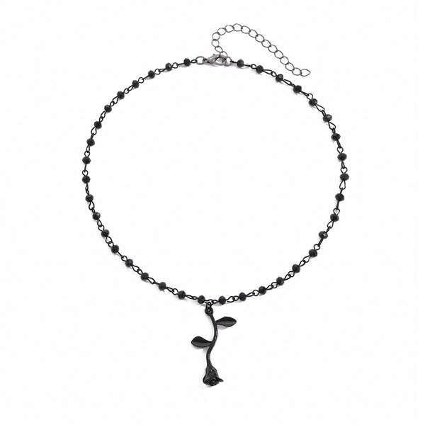 Glamvini - Fashionable Rose Bead Necklace with Dark Crystal Beads and Collarbone Chain for a Sleek Look
